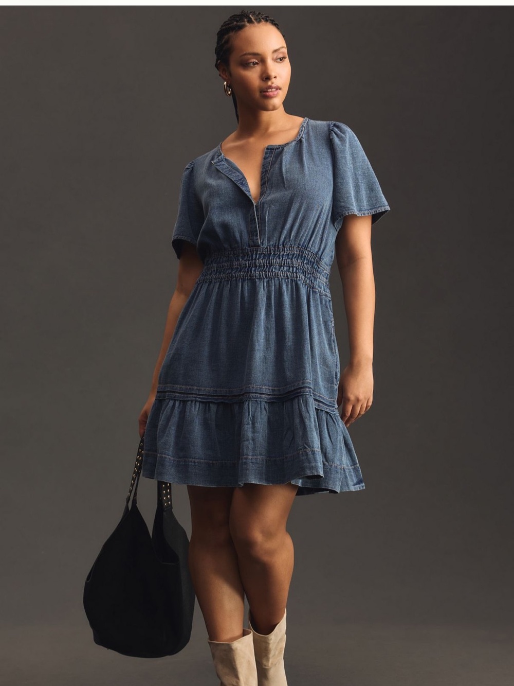 Anthropologie Somerset Mini Denim Blue Smocked-Waist Dress, 1x , worn once